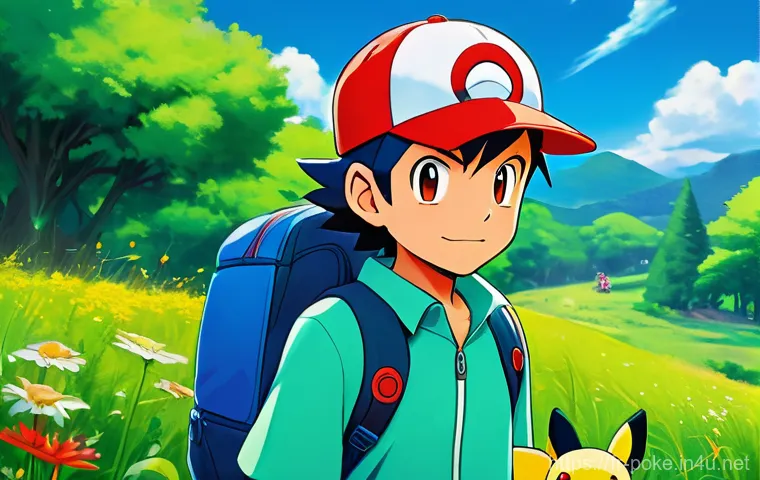 포켓몬스터 애니 속 시간대와 계절 변화 - **Prompt:** A vibrant, animated scene depicting Ash Ketchum, a perpetually 10-year-old boy, with his...