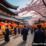 포켓몬스터 애니메이션과 일본 문화 - A vibrant festival scene in a traditional Japanese town during cherry blossom season, featuring peop...