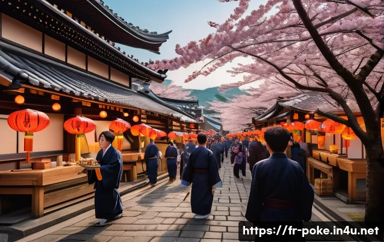 포켓몬스터 애니메이션과 일본 문화 - A vibrant festival scene in a traditional Japanese town during cherry blossom season, featuring peop...
