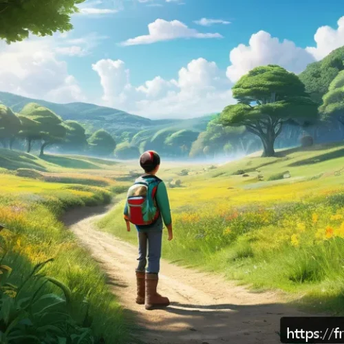 포켓몬스터 애니메이션 속 지리적 배경 - A vibrant and expansive verdant plain under a bright, clear sky, dotted with diverse Pok&eacute;mon species...
