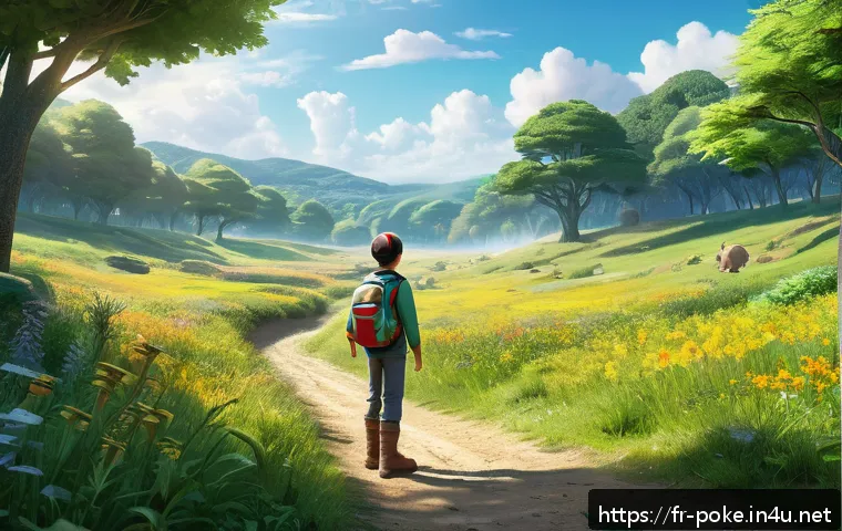 포켓몬스터 애니메이션 속 지리적 배경 - A vibrant and expansive verdant plain under a bright, clear sky, dotted with diverse Pokémon species...